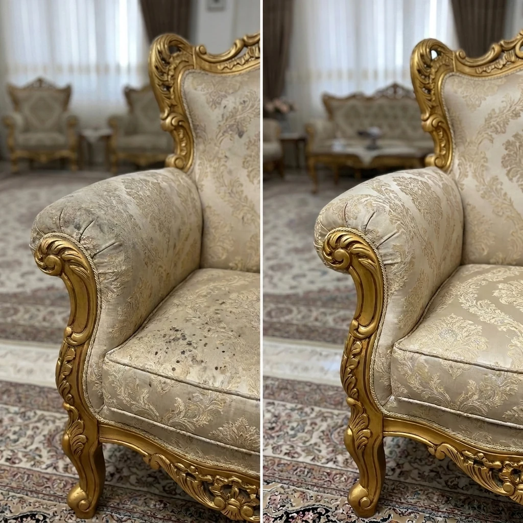 مقایسه قبل و بعد از شستشوی مبل استیل طلایی